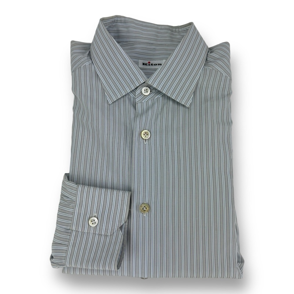 Kiton Gray Blue & White Stripe Cotton Long Sleeve Button Up‎ Shirt Mens 15.75/40